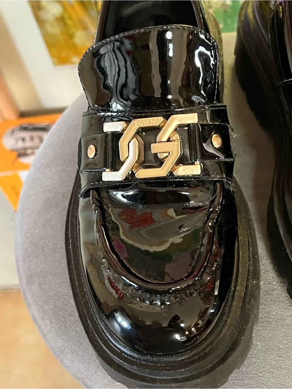 Guess Black Patent Leather Chunky Loafers with Gold Hardware